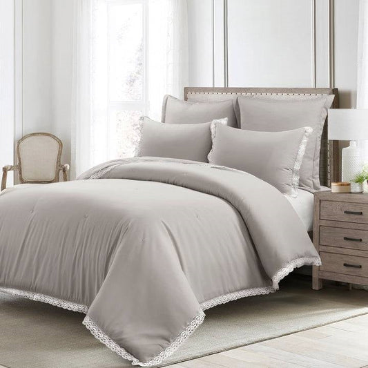 Full/Queen French Country Grey 5-Piece Lightweight Comforter Set w/ Lace Trim-0